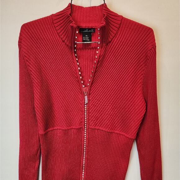 Red Ribbed Knit Sweater Crystals Zipper XL - Picture 2 of 7